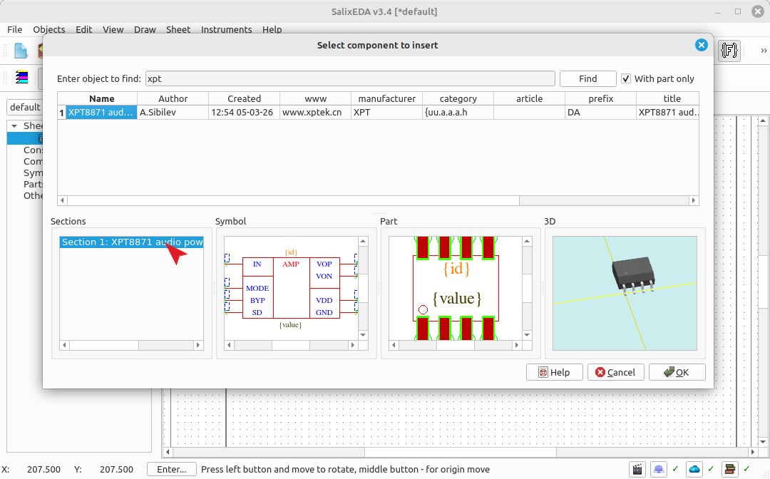 Selecting a component section from the section list